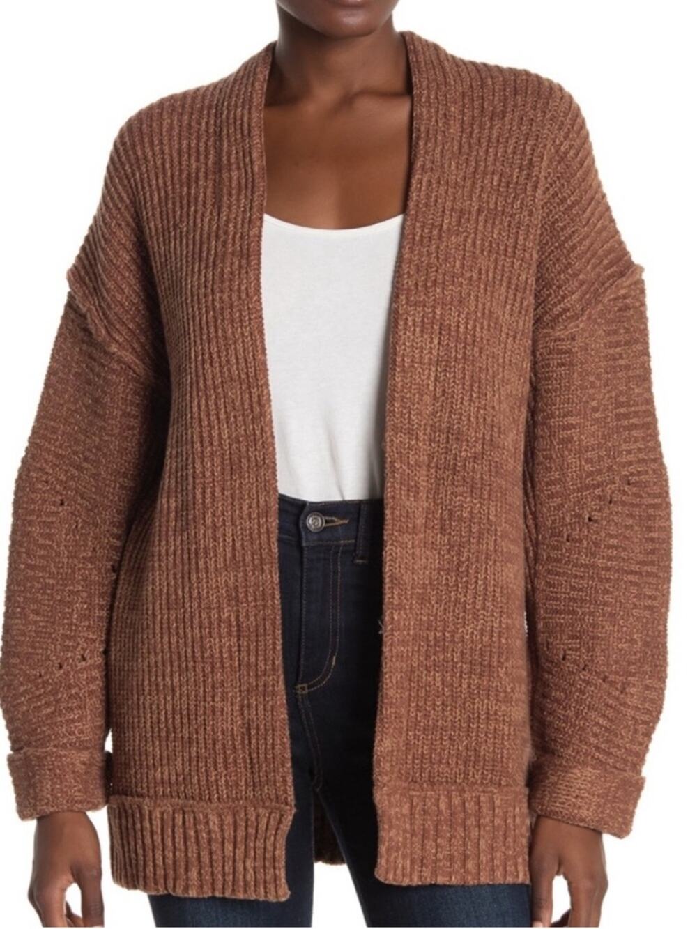 Free People High Hopes Cotton Blend Ribbed Cardigan in Mariposa Brown - Size M